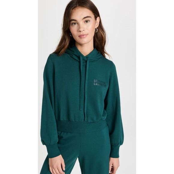 Spiritual Gangster Hoodie Women's Large Green Crop Drawstring Gorpcore Stretch - Picture 1 of 7